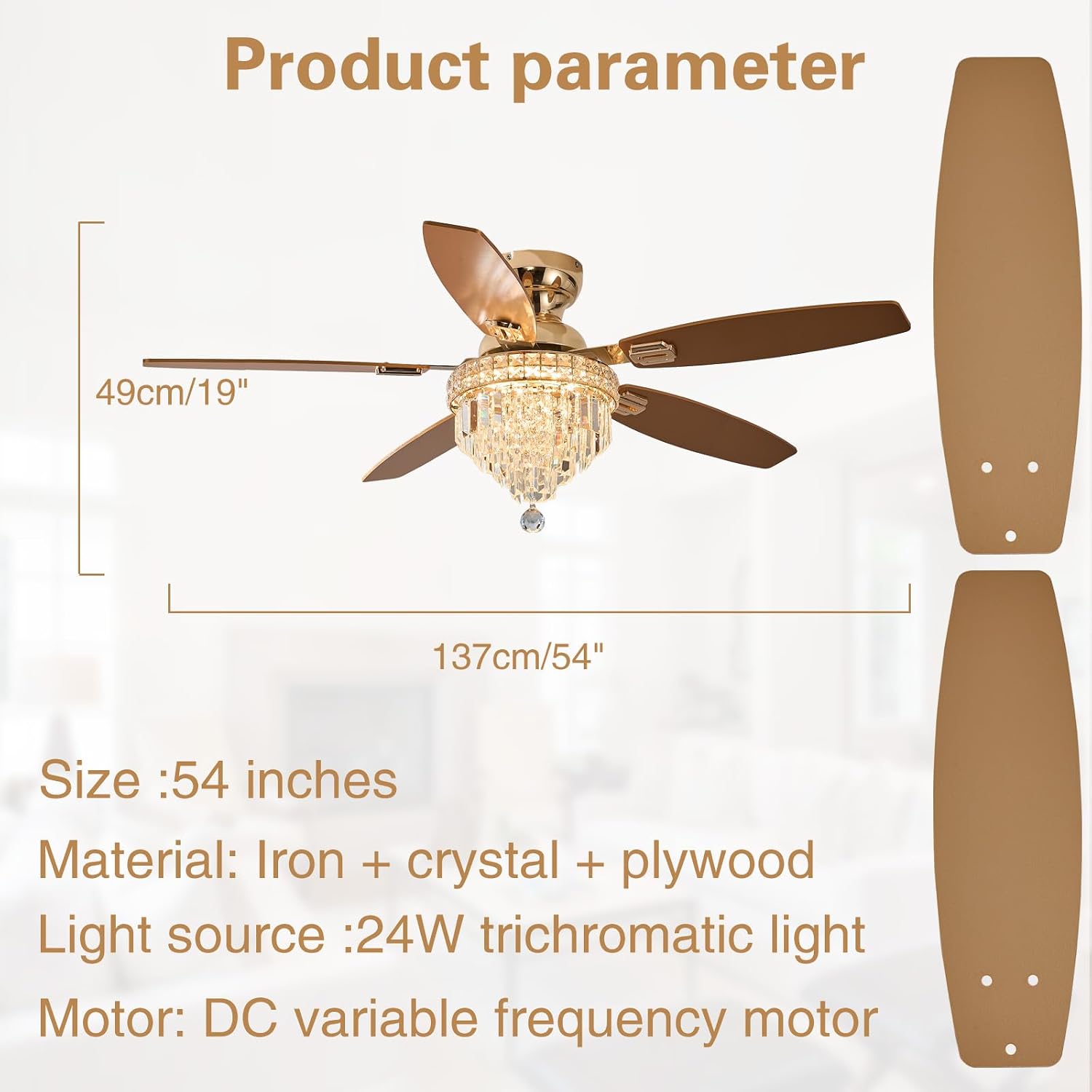 Crystal Ceiling Fan Fandelier with Lights-Ceiling Fans with Lights,54' Low Profile and Remote Control, Flush Mount, Reversible, Dimmable, Noiseless,Gold Ceiling Fan for Bedroom
