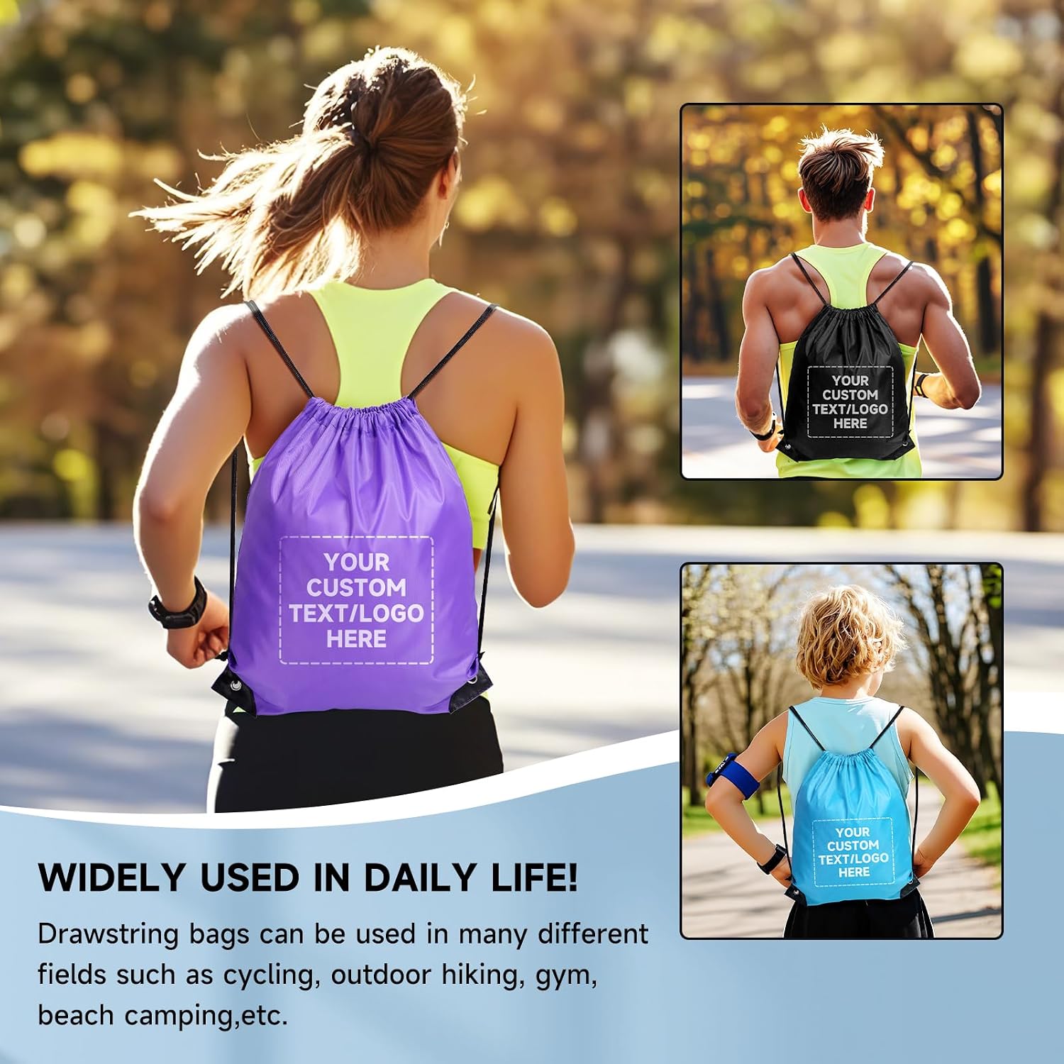 Custom Drawstring Bags With Logo, 1000 Pack Personalized Text Drawstring Backpack Bulk Great for Travelling, Gym and for Everyday Use (Black)