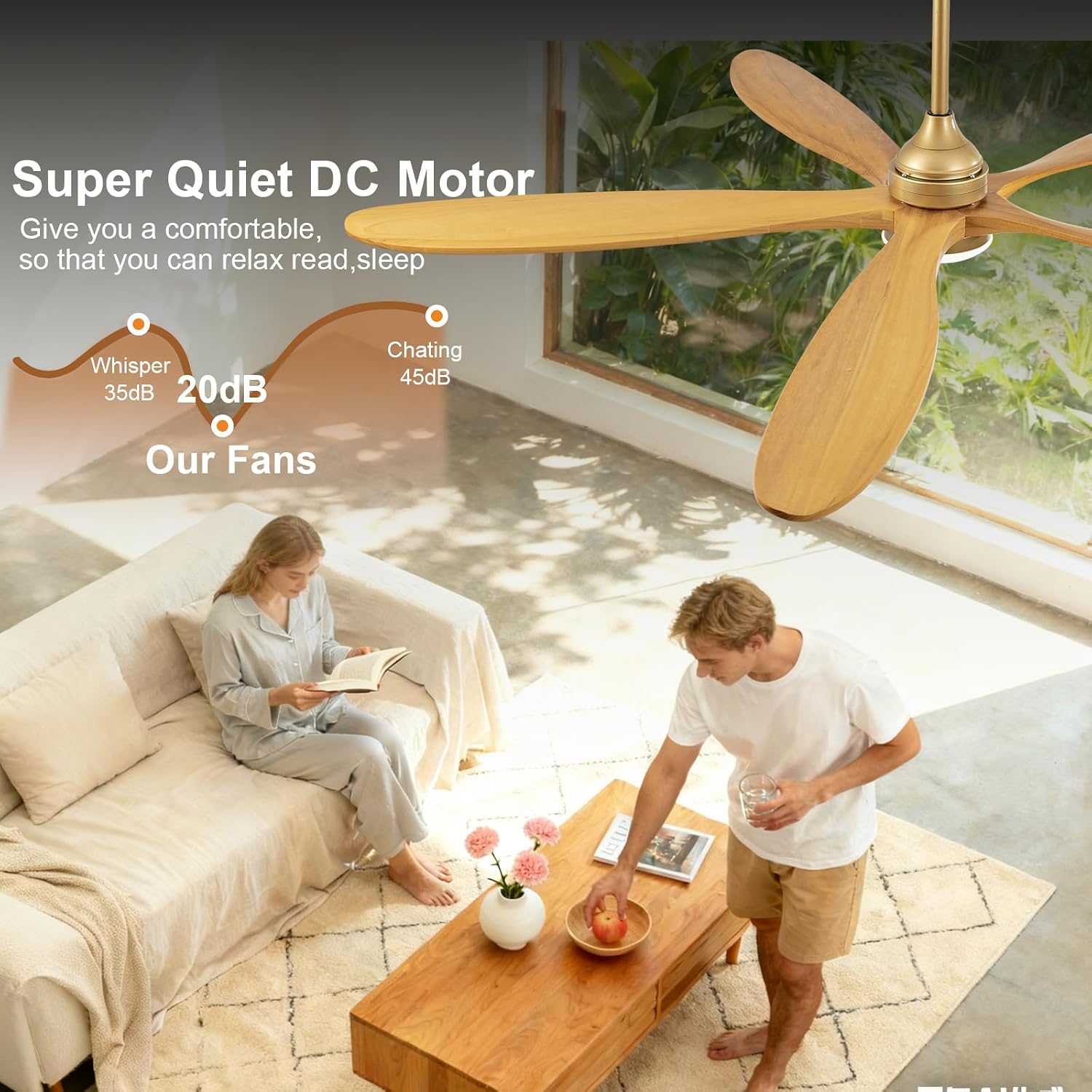 Dimmable 60 Inch Large Outdoor Ceiling Fan with Light and Remote, Wood Big Ceiling Fans with Lights and Remote Gold 5 Blade Outdoor Ceiling Fans for Patios Bedroom Living Room, 6 Speed DC Motor