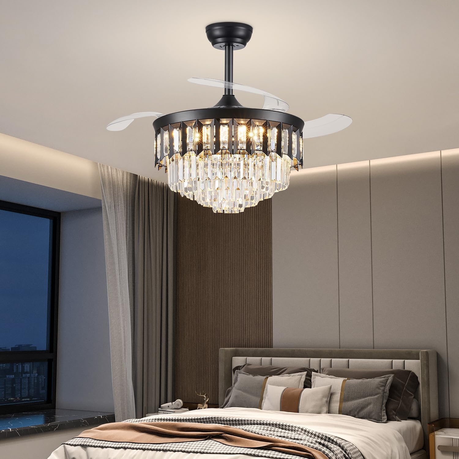 TXCSLY 42' Fandelier Ceiling Fan with Light, Crystal Chandelier Fan with Retractable Blades Dimmable Crystal Ceiling Fan Chandelier for Bedroom Living Room Dining Room-Black