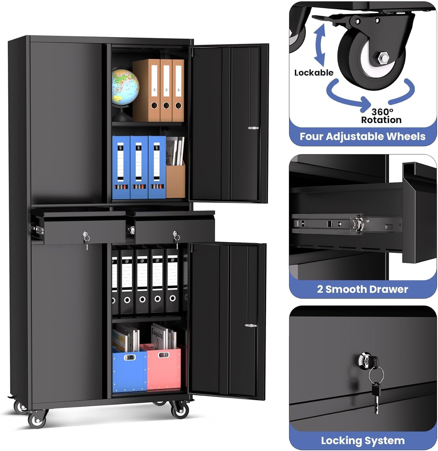 Metal Garage Storage Cabinet with 4 Wheels and 2 Drawers, 72' Heavy Duty Rolling Tool Storage Cabinet Organizer, Locking Doors and Adjustable Shelves for Garage, Workshop, Office, Warehouse
