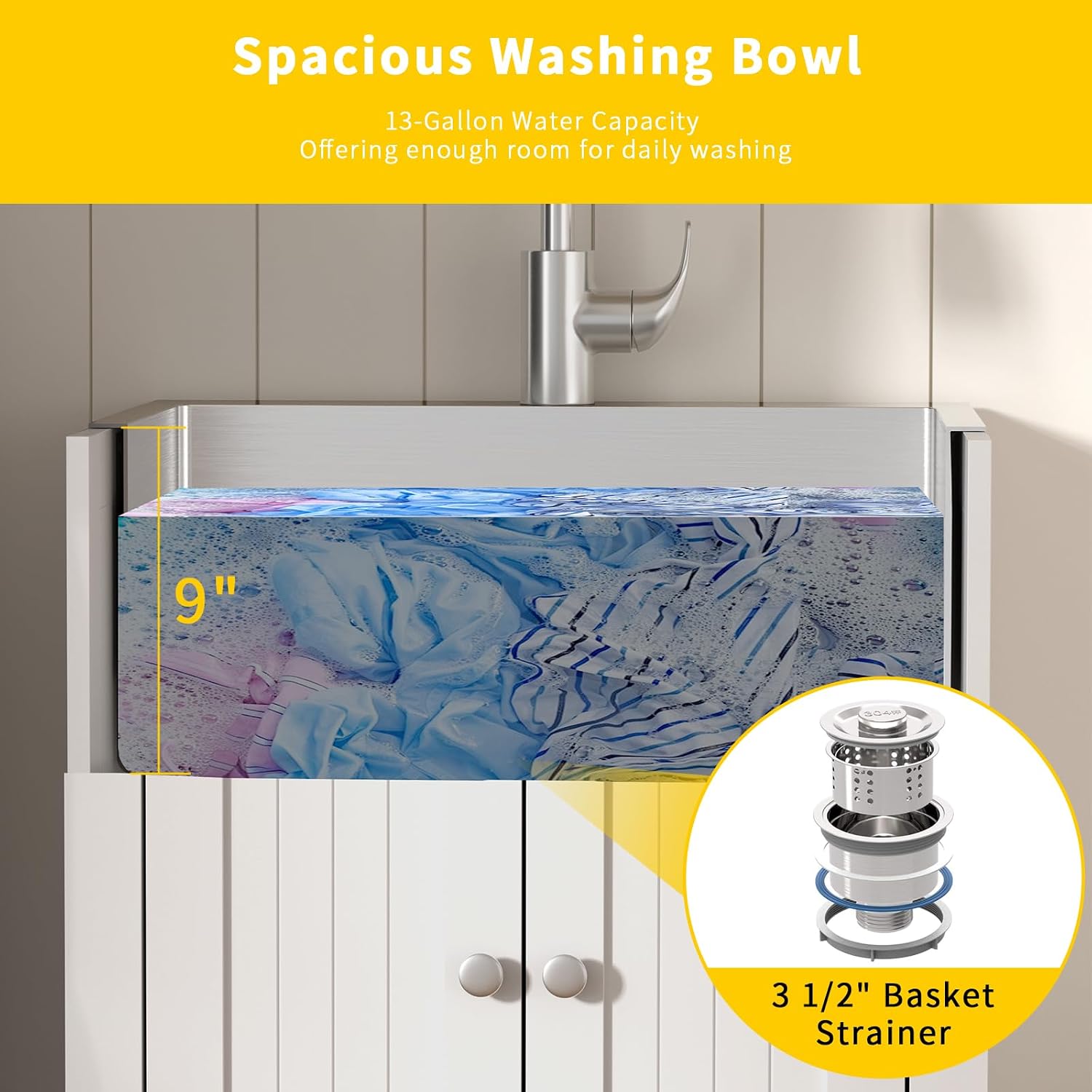 VINGLI 24-Inch Laundry Sink with Cabinet and Pull-Out Sprayer Faucet, Stainless Steel Utility Sink with Cabinet and Drawer Combo, Cabinet with Sink for Laundry & Utility Room, Kitchen, Bathroom, White