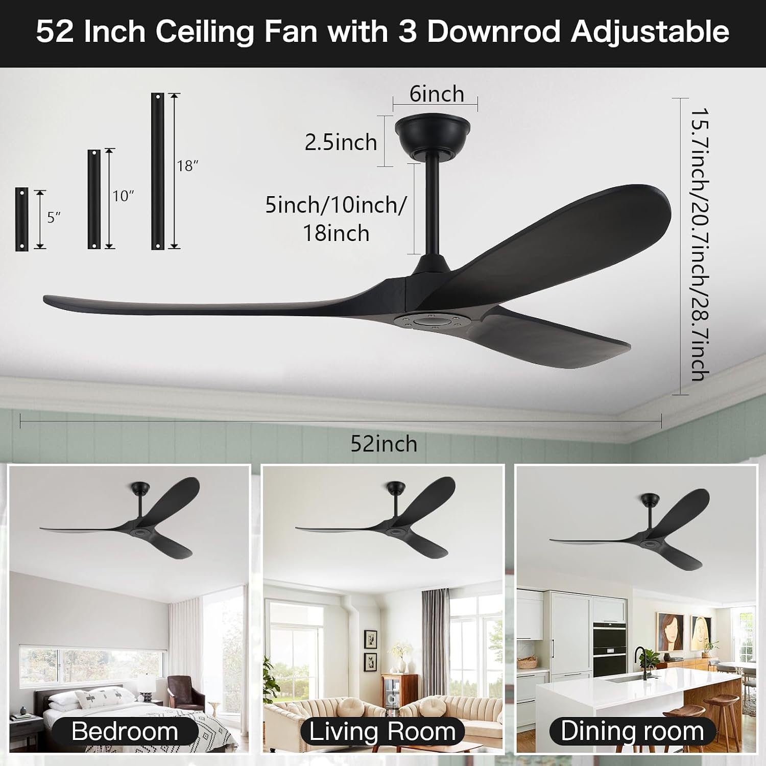 52'' Outdoor Ceiling Fan without Light,Large Airflow with 3 Solid Wood Blades,Black Ceiling Fan with DC Reversible and Silent Motor for Porch,Living Room,Garage.