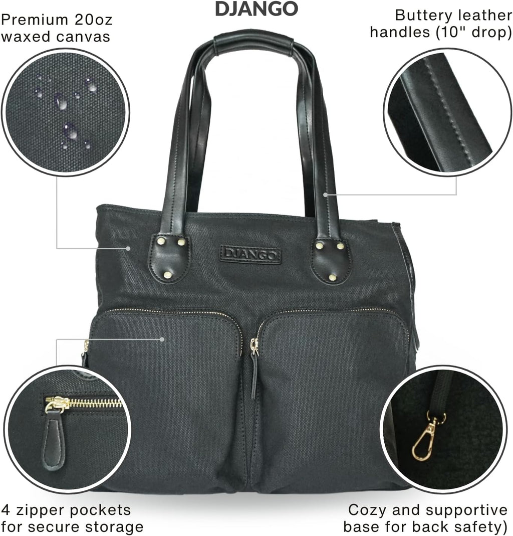 DJANGO Waxed Canvas & Leather Dog Carrier Tote Bag – Premium Soft-Sided Travel Dog Purse with Safety Leash, WR Lining, & Large Zipper Pockets – Everyday Pet Carrier for Small Dogs (Black, Medium)