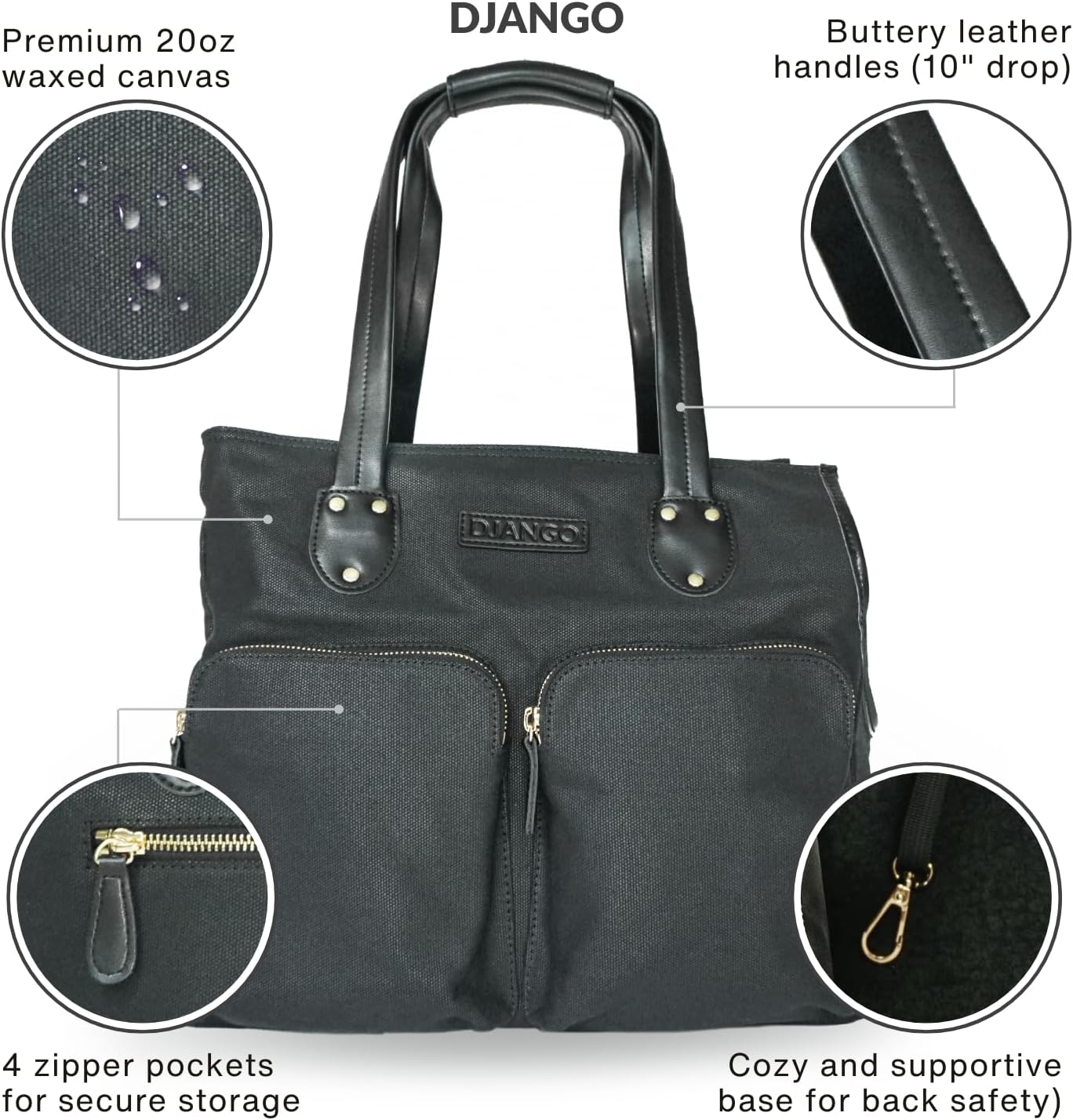 DJANGO Waxed Canvas & Leather Dog Carrier Tote Bag – Premium Soft-Sided Travel Dog Purse with Safety Leash, WR Lining, & Large Zipper Pockets – Everyday Pet Carrier for Small Dogs (Black, Medium)