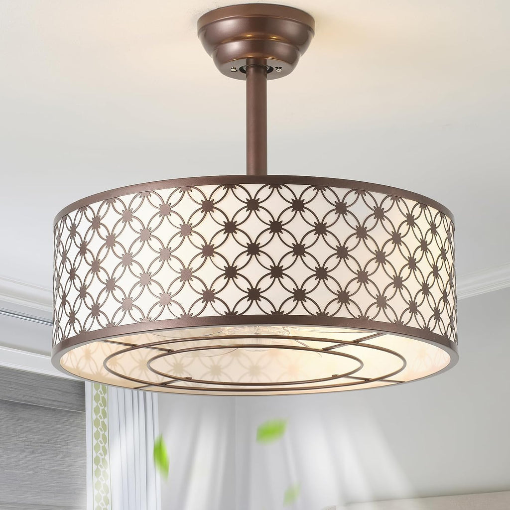 Brown Fandelier Ceiling Fan with Light, 20' Caged Brown Chandelier Ceiling Fans with Lights Remote Control, Fabric Mid-Century Modern with 6 Speeds for Bedroom, Nursery, Living Room.