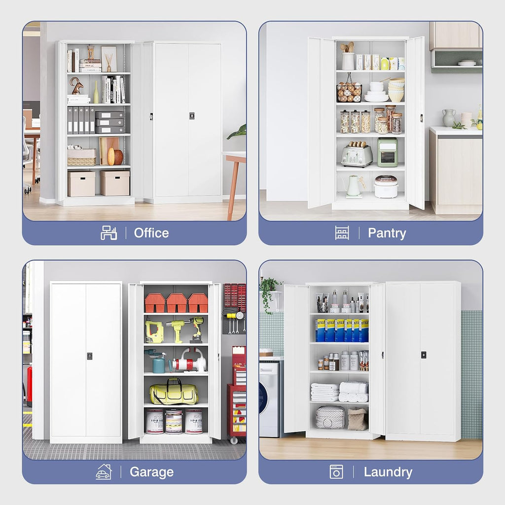 Metal Storage Cabinet with Lock,Lockable Garage Cabinet with 2 Doors and 5 Adjustable Shelves,Tall Steel Cabinets for Garage,Workshop,Gym,School