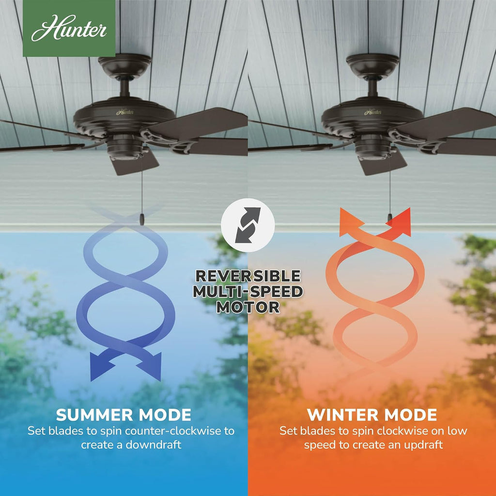 Hunter 52 inch Outdoor or Indoor Ceiling Fan No Light - Bronze Ceiling Fan without Light, For Patio, Porch, Garage, or Living Room, Standard Mount, 5 Blades, Pull Chain - Sea Air 53061, New Bronze