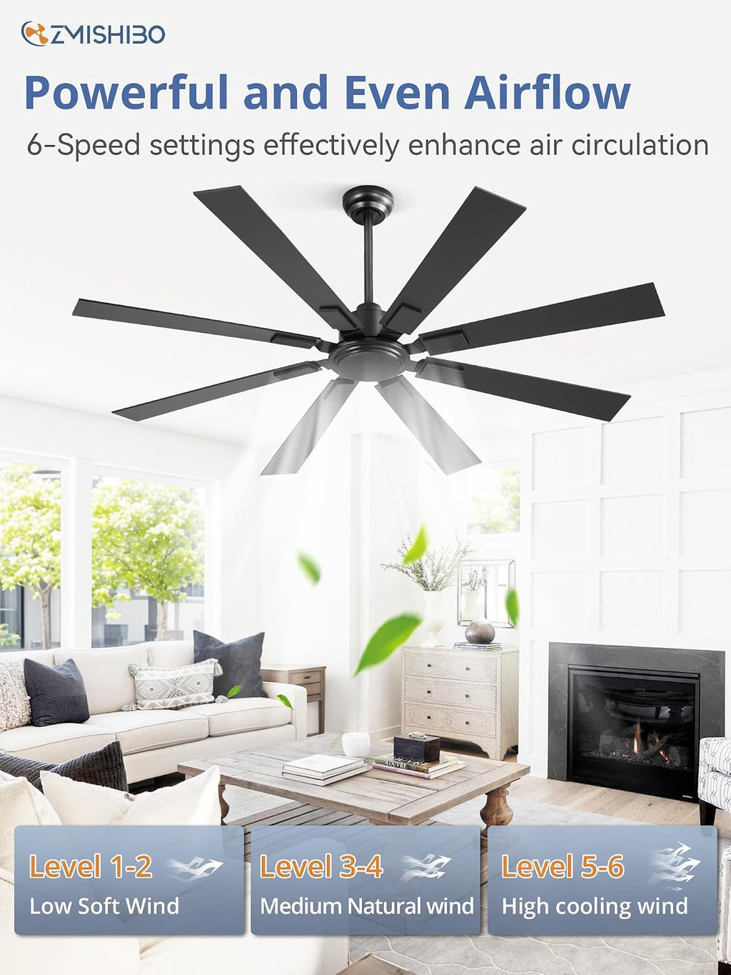 ZMISHIBO 62 Inch Ceiling Fan No Light with Remote, Modern Black Ceiling Fan without Light, Quiet Reversible DC Motor, 6-Speeds, Large Ceiling Fans for Living Room, Bedroom, Patio, Indoor/Outdoor Use