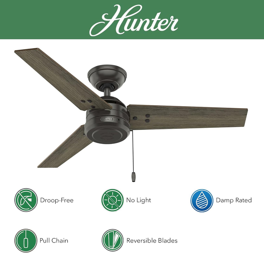 Hunter Fan 44 inch Contemporary Fresh White Outdoor Ceiling Fan with Pull Chain for Patio, Living Room, Bedroom, Office, Kitchen (Renewed) (Noble Bronze)