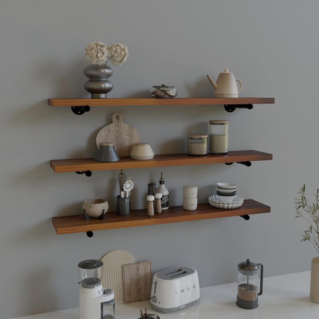 HDDFER Industrial Pipe Wall Wood Shelves,Real Wooden Shelves 36' in Walnut Color with 1.2' Extra Thickness, Modern Floating Shevles