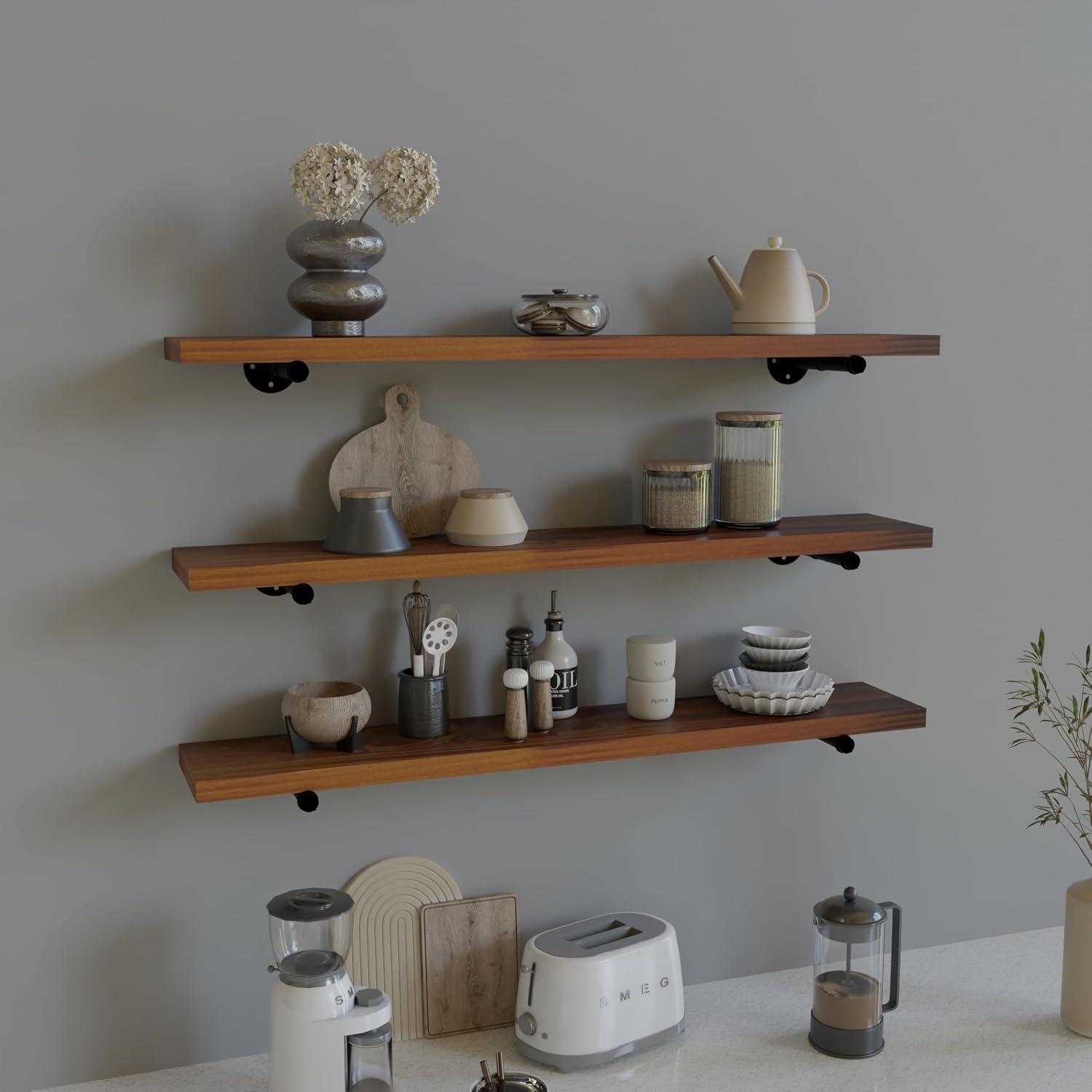 HDDFER Industrial Pipe Wall Wood Shelves,Real Wooden Shelves 36' in Walnut Color with 1.2' Extra Thickness, Modern Floating Shevles