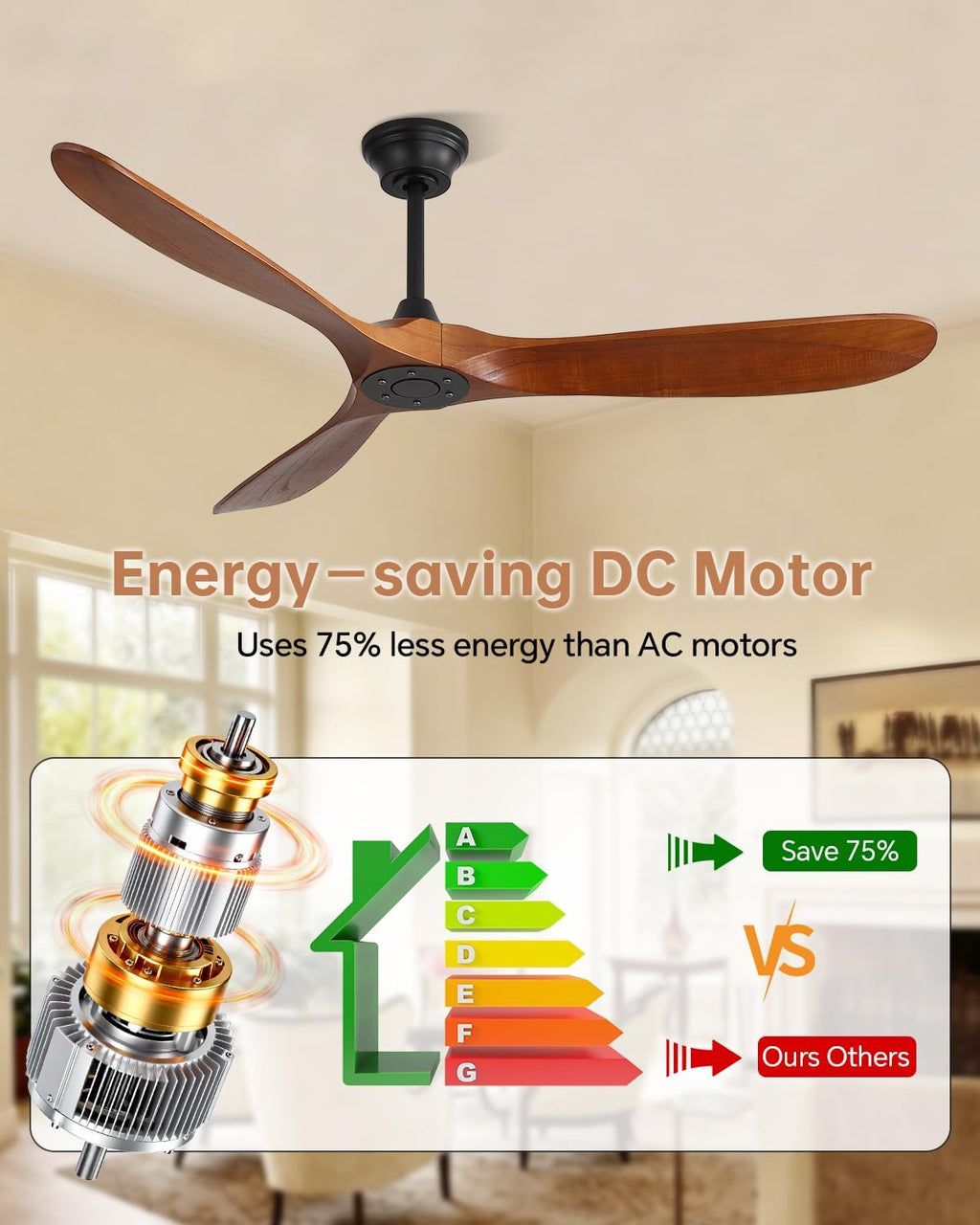 Sofucor 60 Inch Smart Ceiling Fans without Lights-Outdoor Modern Smart Ceiling Fan with Alexa/Google/APP/Remote Control, Reversible Quiet DC Motor,Wood Blade Ceiling Fan for Living Room/Farmhouse