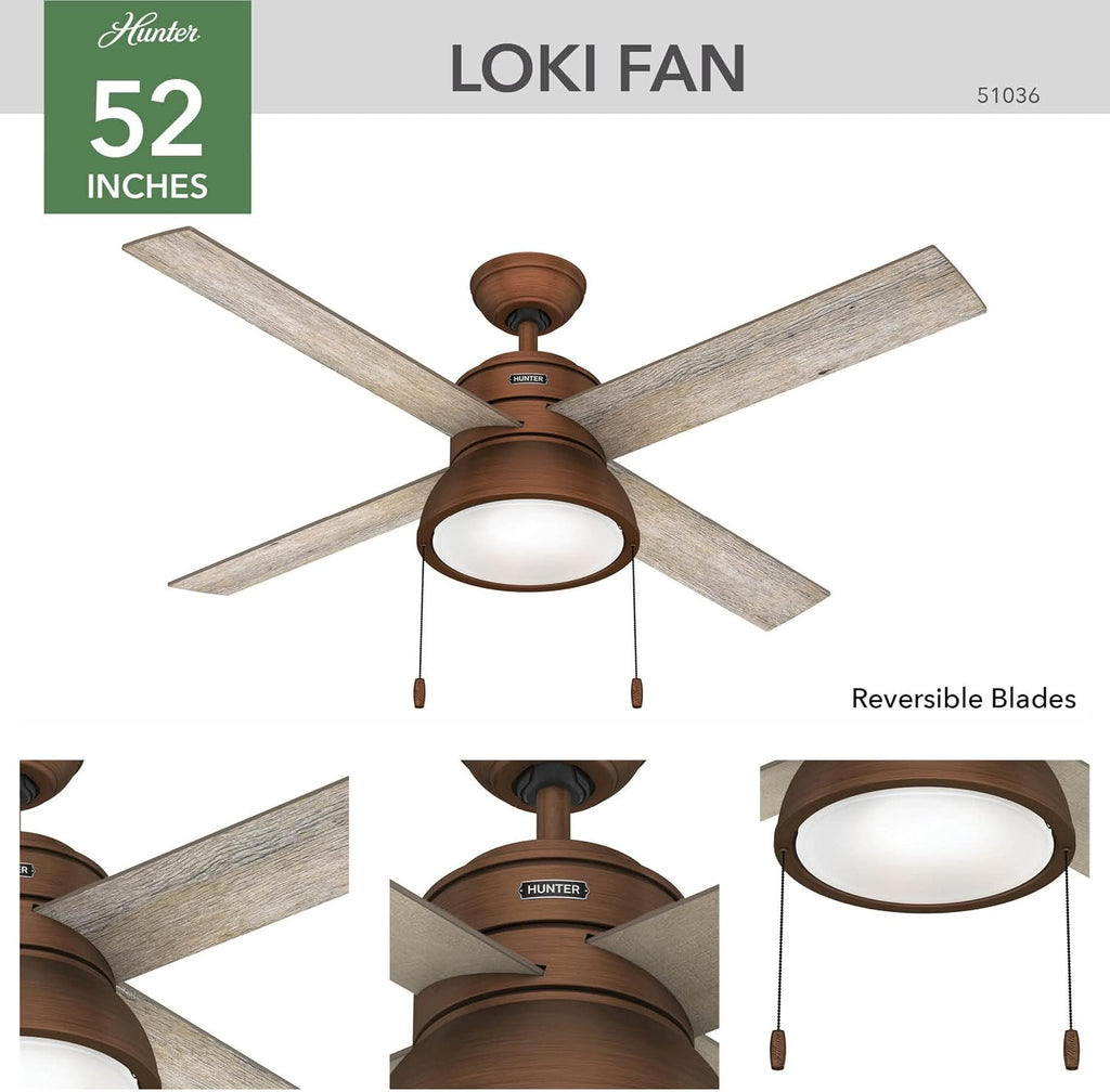 Hunter Fan Company, 51036, 52 inch Loki Weathered Copper Ceiling Fan with LED Light Kit and Pull Chain
