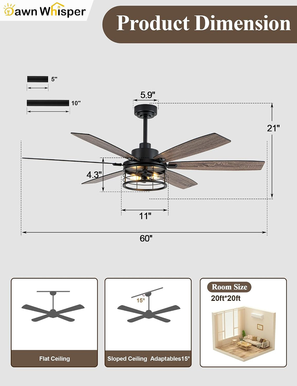 60 Inch Farmhouse Ceiling Fans with Lights Black Caged Rustic Industrial Chandelier Fans for Living Room Bedroom Quiet Reversible DC Motor 6 Speeds 6 Modern-Farmhouse Styles Dual-Finish Blade