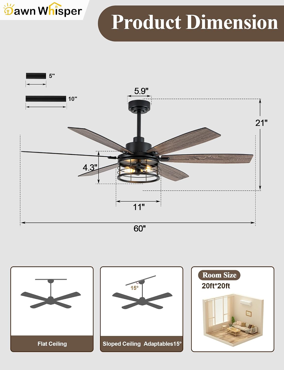60 Inch Farmhouse Ceiling Fans with Lights Black Caged Rustic Industrial Chandelier Fans for Living Room Bedroom Quiet Reversible DC Motor 6 Speeds 6 Modern-Farmhouse Styles Dual-Finish Blade