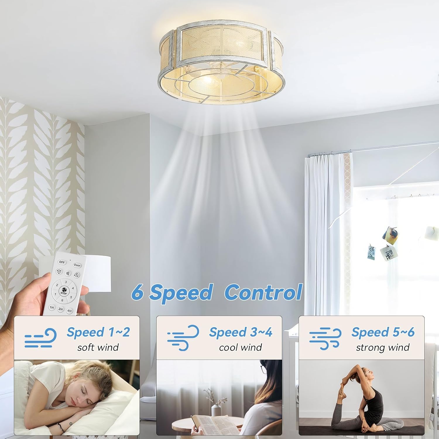 20' Boho Ceiling Fans with Lights, Rattan Flush Mount Ceiling Fan with Light Remote Control with Caged 6 Speeds for Bedroom, Nursery, Living Room (White)