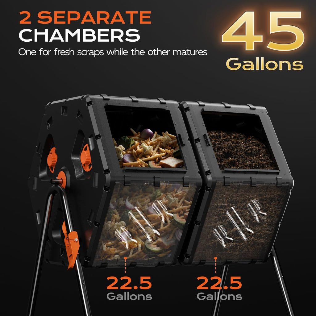 Compost Tumbler Outdoor 45 Gallon/170L, Dual Chamber Large Compost Bin for Garden, Backyard, and Yard, Large Opening & Elevated Base 360°Rotating Tumbling Composter for Gardeners