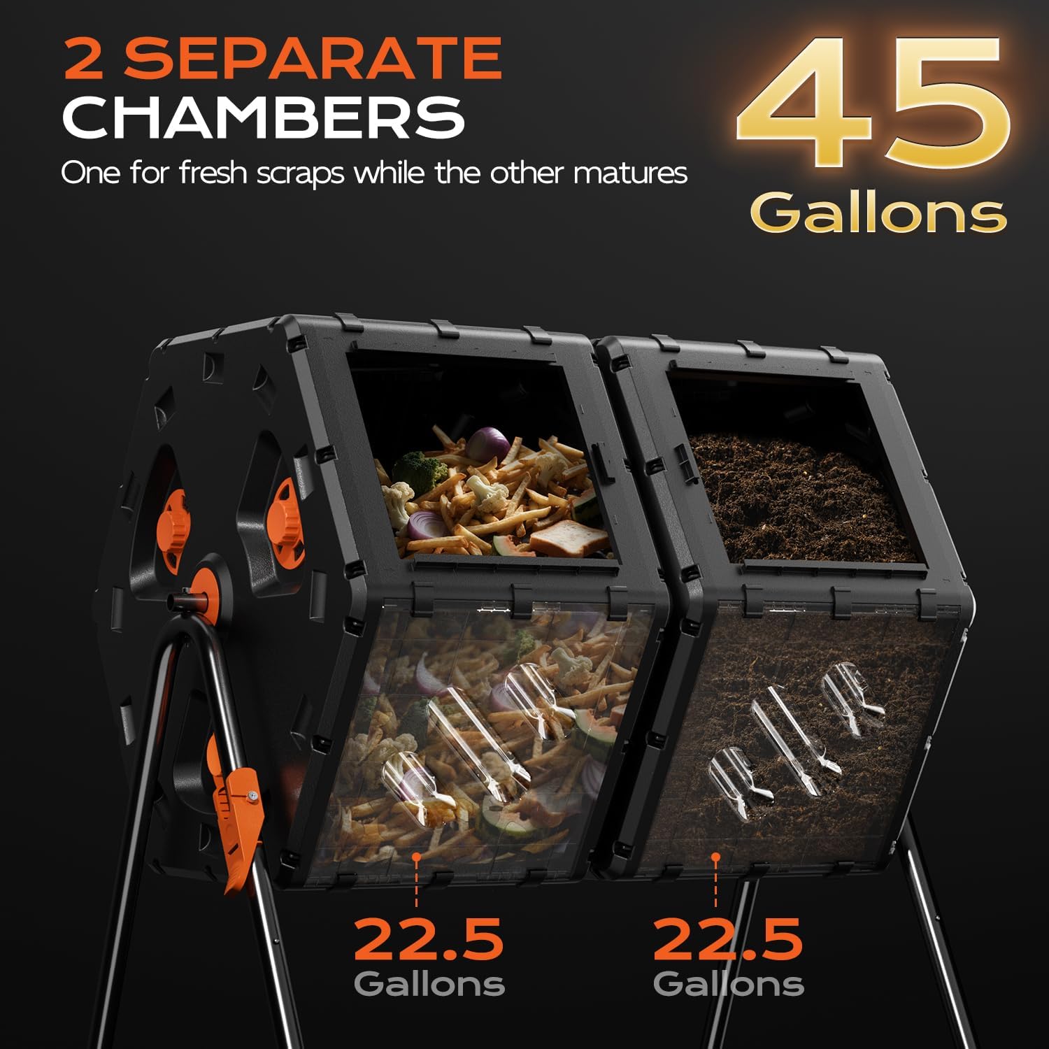 Compost Tumbler Outdoor 45 Gallon/170L, Dual Chamber Large Compost Bin for Garden, Backyard, and Yard, Large Opening & Elevated Base 360°Rotating Tumbling Composter for Gardeners