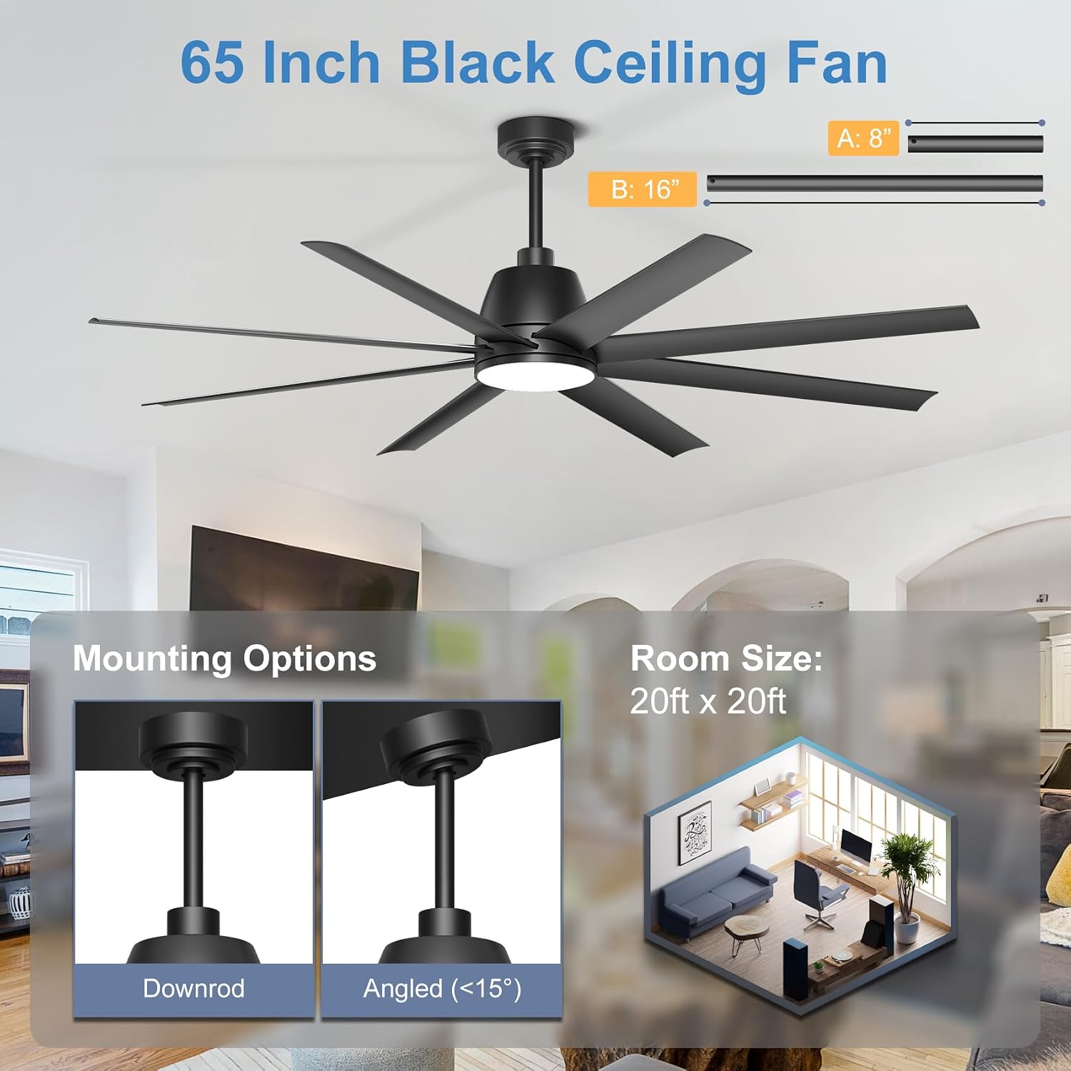 Ceiling Fan with Lights, 65'' Outdoor Ceiling Fan with Remote & APP Control, Dimmable, Black Modern Ceiling Fans for Patio Living Room Garage Shop