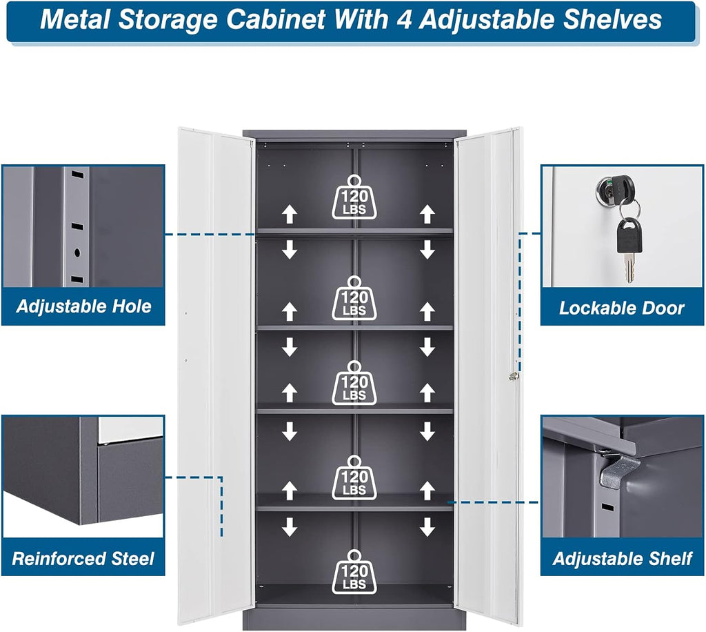 PEUKC Metal Garage Storage Cabinet, 71-inch Tall Cabinet with Adjustable Shelves & Locking Doors, Tool Cabinets for Garage,Office,Home,School,Gym (Grey White)
