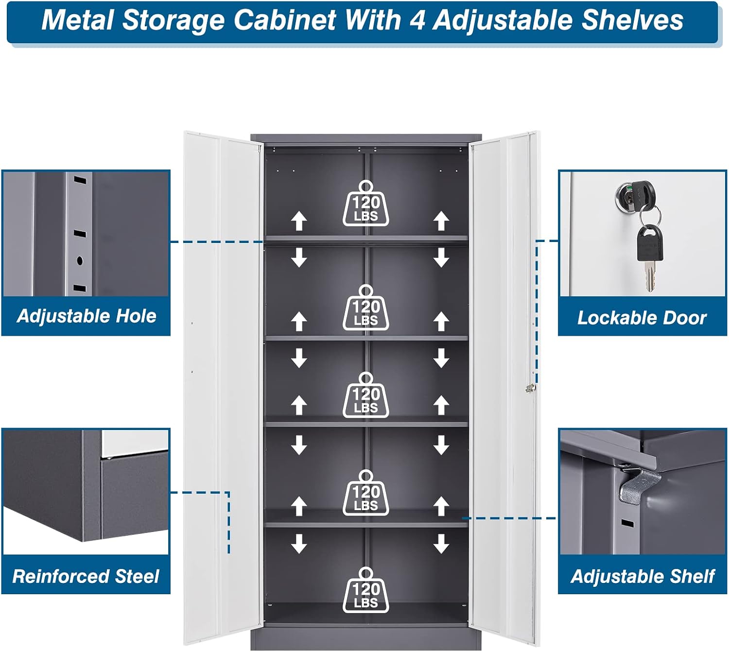 PEUKC Metal Garage Storage Cabinet, 71-inch Tall Cabinet with Adjustable Shelves & Locking Doors, Tool Cabinets for Garage,Office,Home,School,Gym (Grey White)
