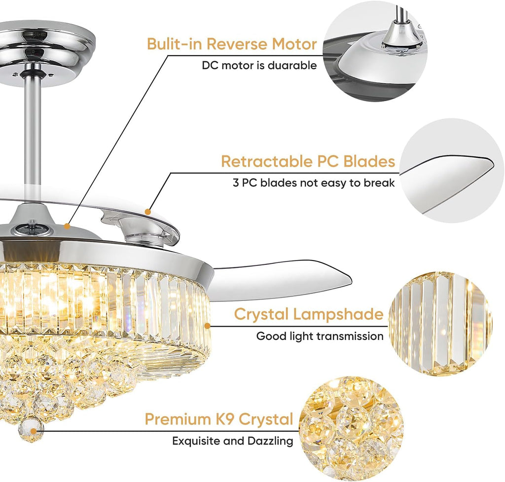 52 Inch Fandelier Ceiling Fan with Light, Retractable Chandelier Fan LED Dimmable Crystal Ceiling Fan for Bedroom Living Room Dining Room-Chrome