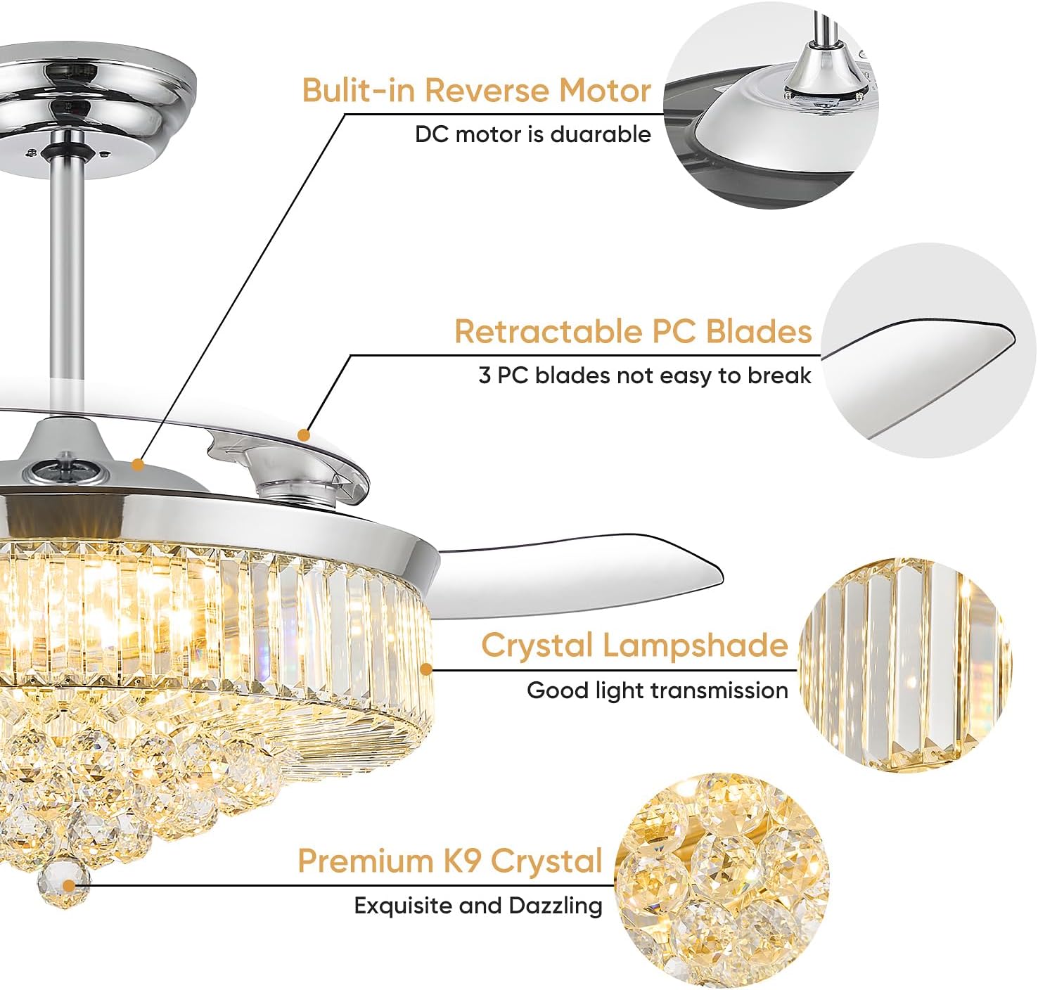 52 Inch Fandelier Ceiling Fan with Light, Retractable Chandelier Fan LED Dimmable Crystal Ceiling Fan for Bedroom Living Room Dining Room-Chrome