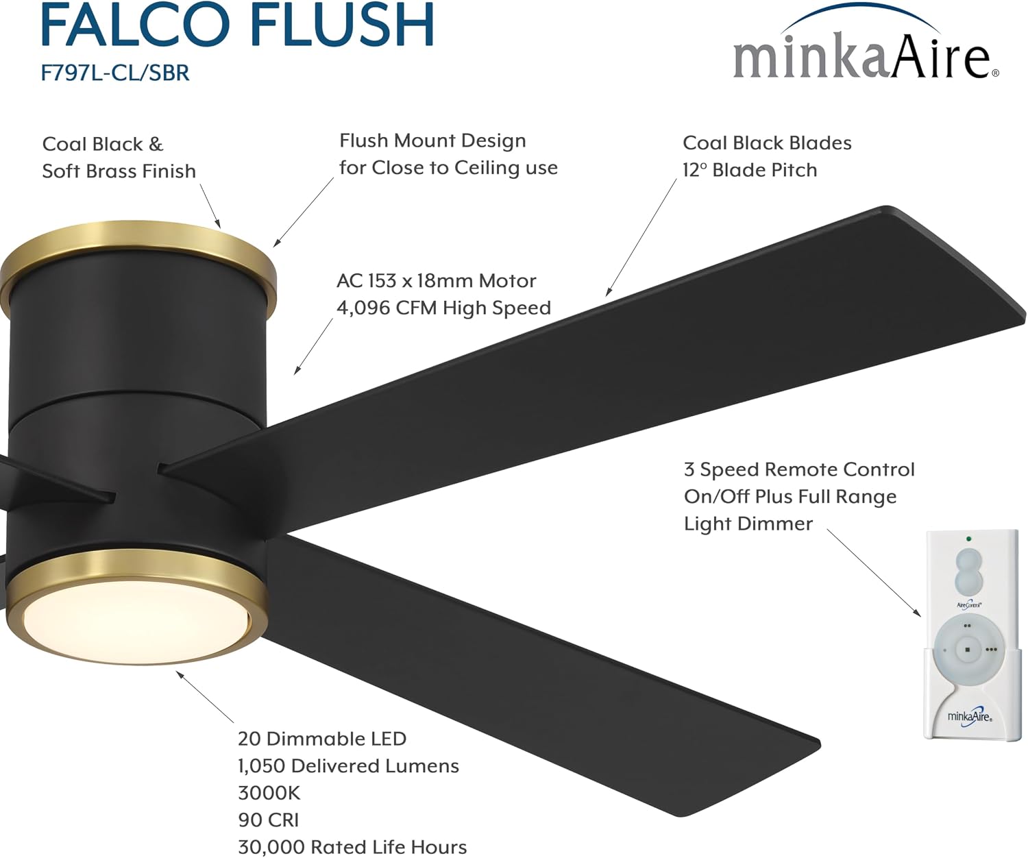 MINKA-AIRE F797L-CL/SBR Falco 54' 4-Blade LED Flush Mount Ceiling Fan - Coal and Soft Brass Finish with Etched Lens
