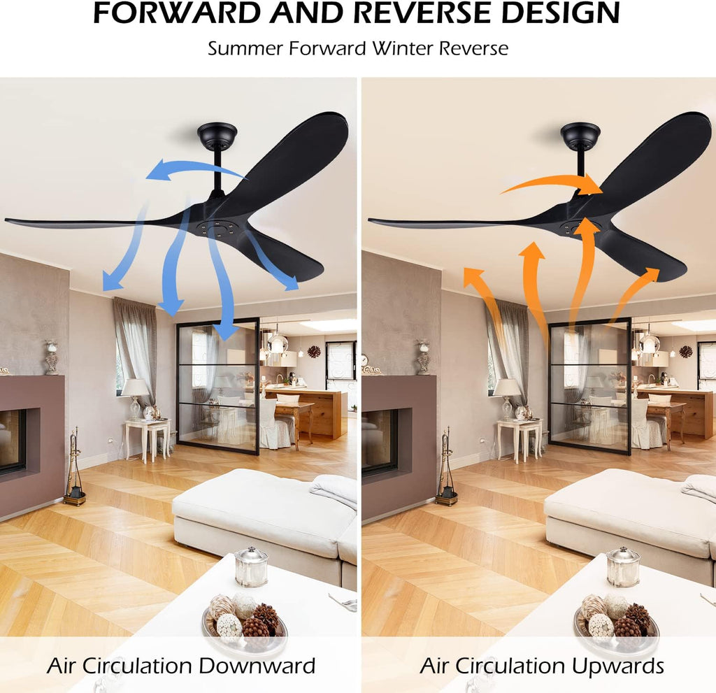 60 Inch Black Ceiling Fan No Light ，Wood Indoor Outdoor Ceiling Fans for Patios Living Room Bedroom Porch Big Farmhouse Ceiling Fan for Flat Sloped Angled Ceiling