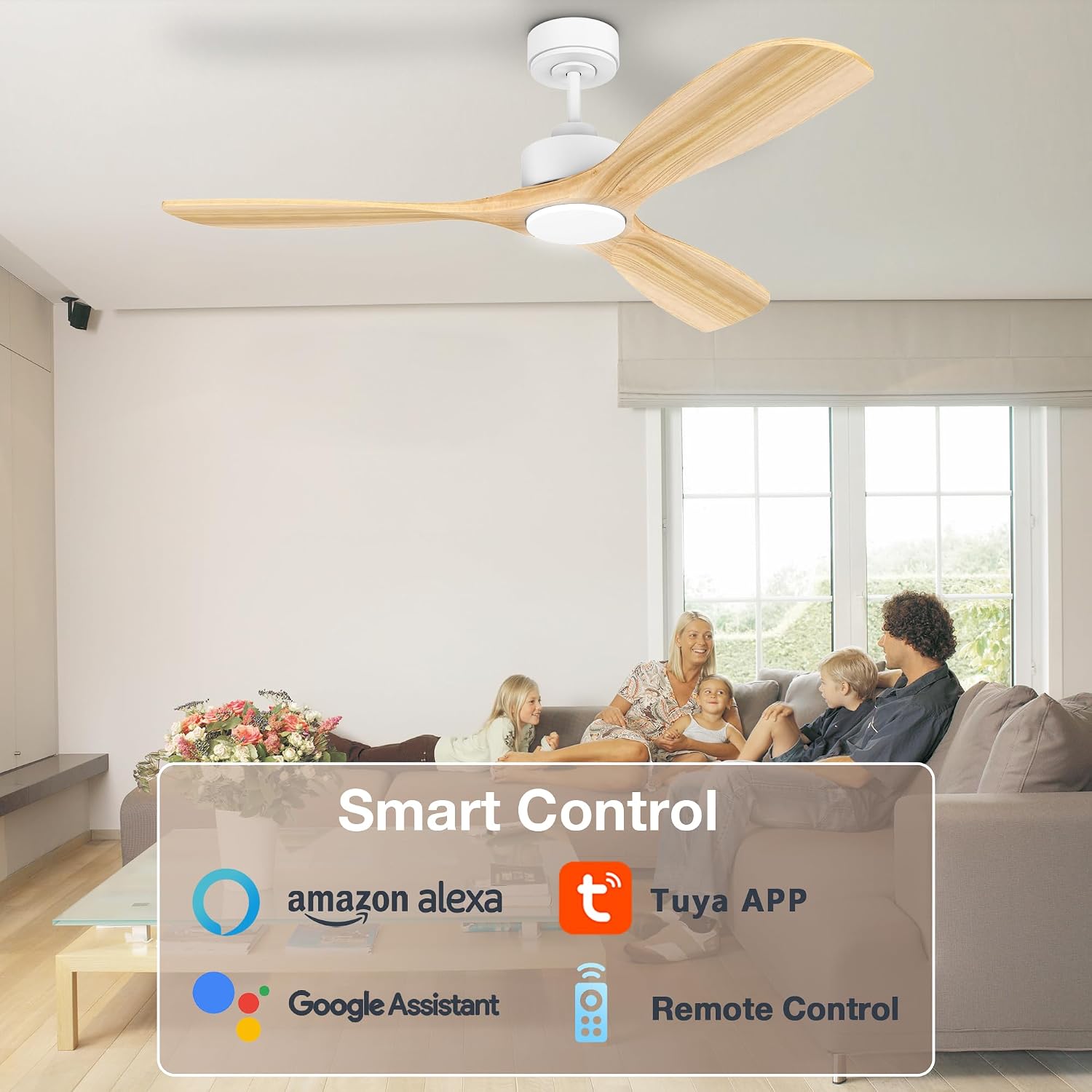 Hoenofly 52' Wood Smart Ceiling Fans with Lights Remote,Quiet DC Motor,Outdoor Indoor Ceiling Fan,Voice Control via WIFI Alexa App,Dimmable,Modern Light Wood Ceiling Fan for Bedroom Patio Porch