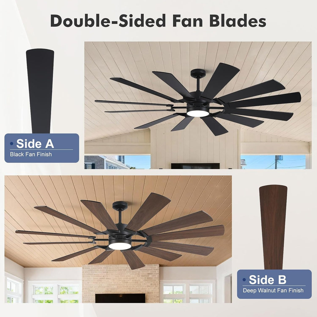 62 Inch Outdoor Ceiling Fans with Lights Remote, Modern Black Industrial Ceiling Fan with Light 6 Speed Quiet Reversible DC Motor for Patio Porch Shop Garage, Indoor/Exterior, 12 Dual-finish Blade