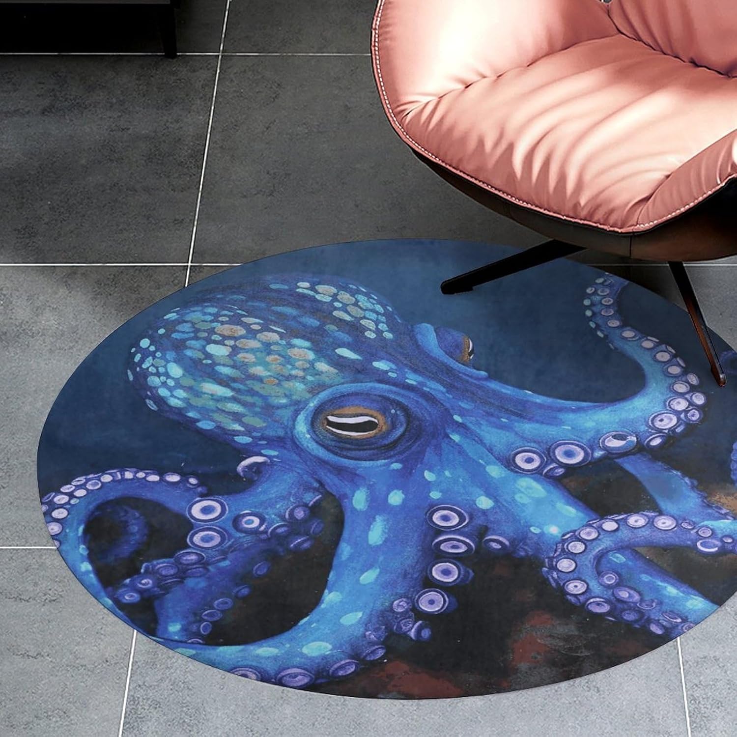 Blue Octopus Coral Velvet Round Floor Mat Non-Slip Bath Rug Floor Covering for Bathroom Vanity Guest Suite & Vacation Home