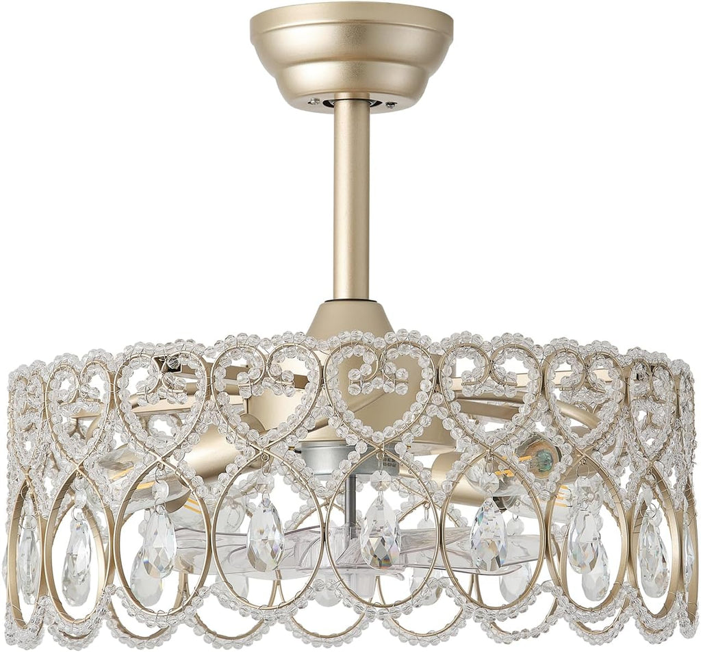 SYDACG 20' Gold Crystal Fandelier Ceiling Fans with Lights, Gold Chandelier Ceiling Fan with Light Remote Control, Mid-Century Modern Caged 6 Speeds for Bedroom, Nursery, Foyer, Living Room