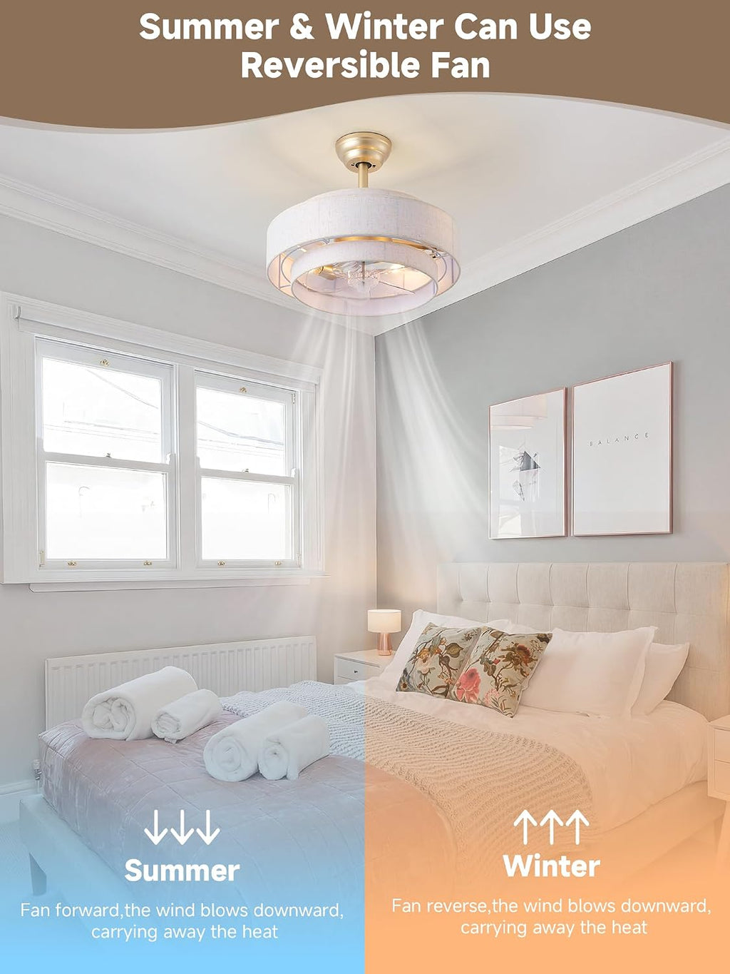 20'' Boho Fandelier Ceiling Fan with Light, Gold Fabric Chandelier with Light Remote Control, Caged with 6 Speeds for Bedroom, Nursery, Living Room