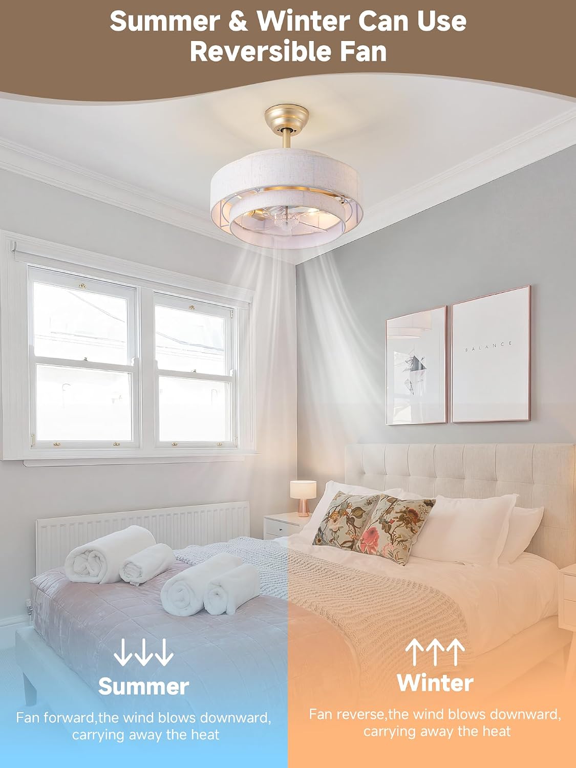 20'' Boho Fandelier Ceiling Fan with Light, Gold Fabric Chandelier with Light Remote Control, Caged with 6 Speeds for Bedroom, Nursery, Living Room