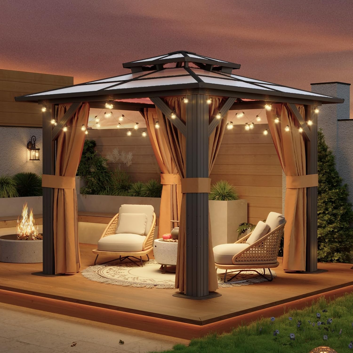 Aoxun 8'x8' Hardtop Gazebo, Metal Frame Permanent Pavilion with Curtains and Netting, Outdoor Polycarbonate Double Roof Canopy, Designed for Garden, Lawns, Patio, Brown