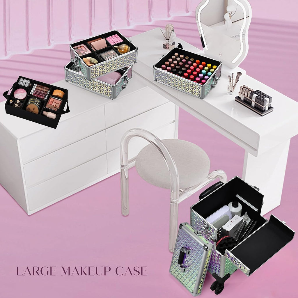 Yueieoun 5 in 1 Rolling Makeup Case, Cosmetology Case on Wheels Travel Make up Train Case Nail Cart Makeup Organizer Cosmetic Storage Box Cases Extra Large Trolley Truck with 360° Swivel Wheels, Pink