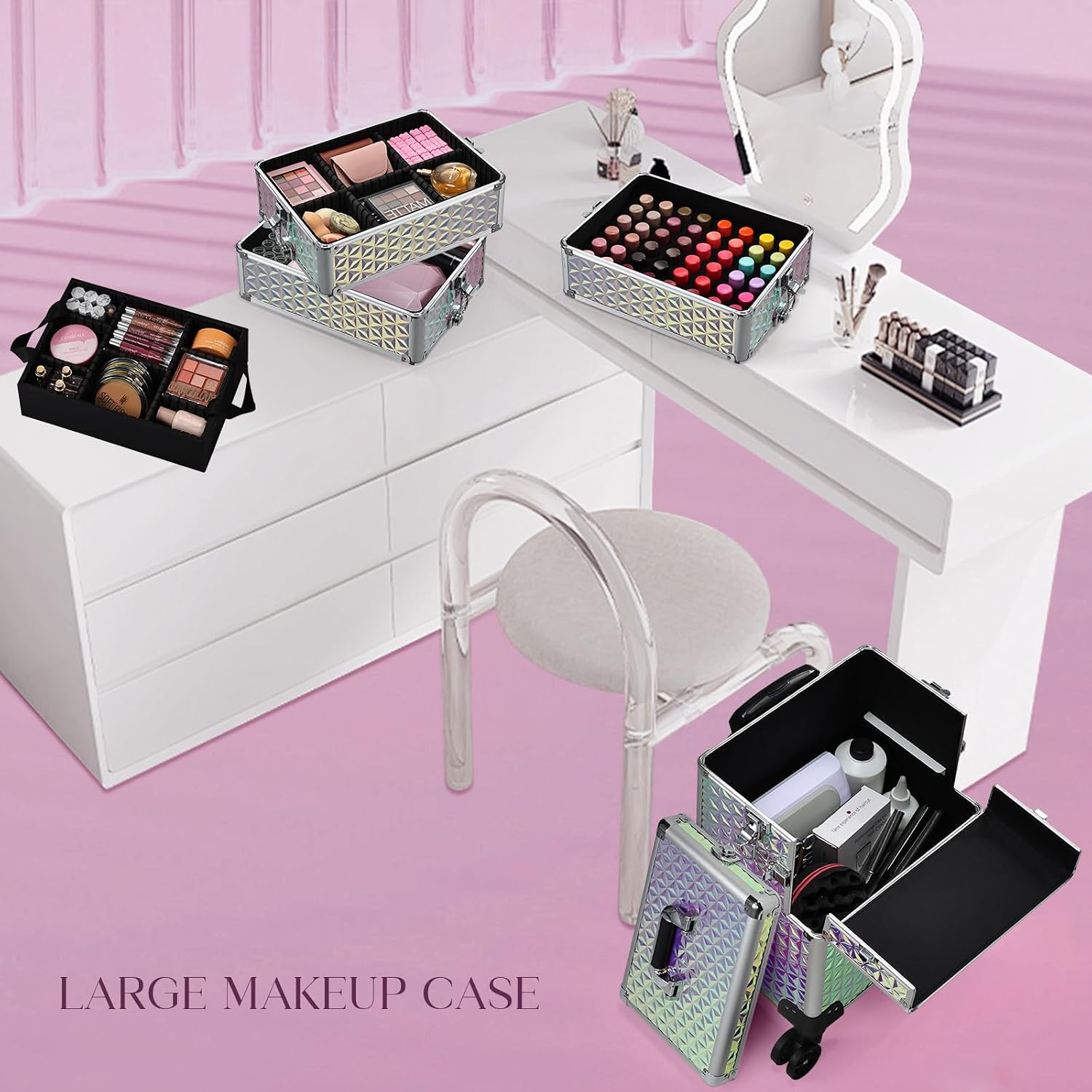Yueieoun 5 in 1 Rolling Makeup Case, Cosmetology Case on Wheels Travel Make up Train Case Nail Cart Makeup Organizer Cosmetic Storage Box Cases Extra Large Trolley Truck with 360° Swivel Wheels, Pink