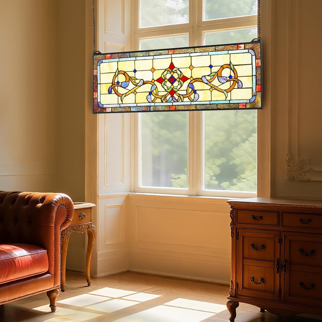 VEVOR Stained Glass Window Panel, 32' x 11' Tiffany Style Hanging Transom Window Panel with Chain, Large Horizontal Rectangle Stain Glass, Vintage Traditional Art Handcrafts for Kitchen Home Decor