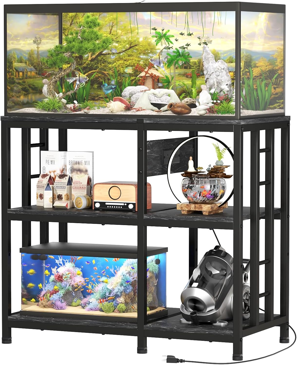 Reinforced 40-50 Gallon Aquarium Stand with Power Outlet | Ultra-Stable 720LBS Capacity Metal Fish Tank Stand for Reptile/Aquatic Setups, 5-Tier Adjustable 37'x19' Steel Shelving System