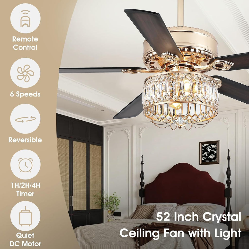 Kviflon Farmhouse Crystal Ceiling Fans with Lights and Remote, 52 Inch Chandelier Ceiling Fans, Gold Fandelier Ceiling Fan for Bedroom Living Room, Quiet DC Motor, Reversible, Bulb not Included