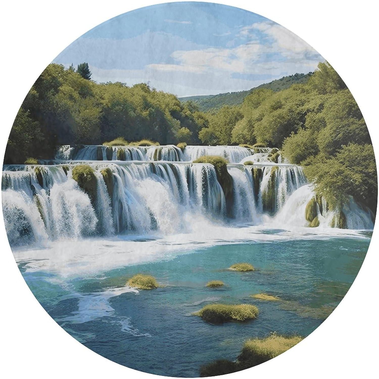 Waterfalls on Krka River Coral Velvet Round Floor Mat Non-Slip Bath Rug Floor Covering for Bathroom Vanity Guest Suite & Vacation Home