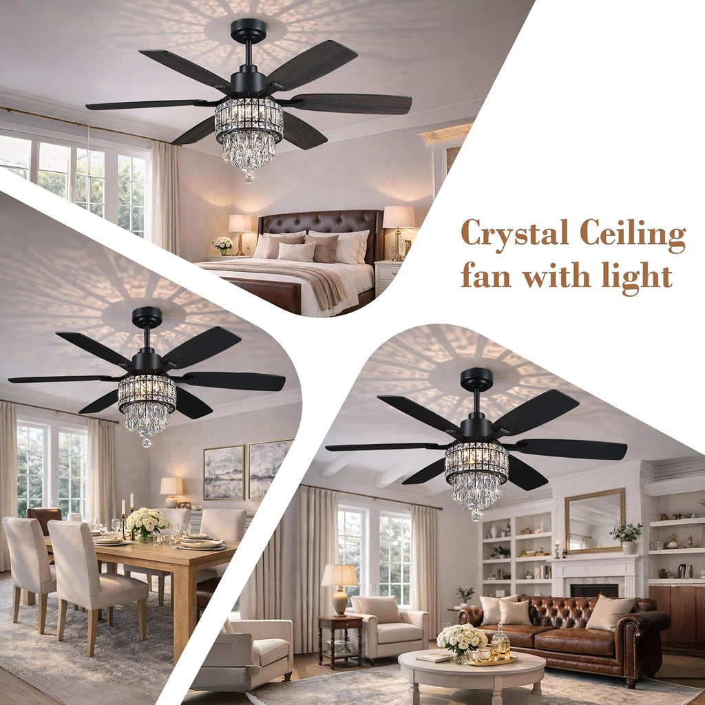 Kviflon 52 Inch Crystal Ceiling Fan with Lights, Black Fandelier Ceiling Fan with Light and Remote/APP Control, Modern Chandelier Ceiling Fan for Bedroom Living Room, Quiet DC Motor, Dimmable LED