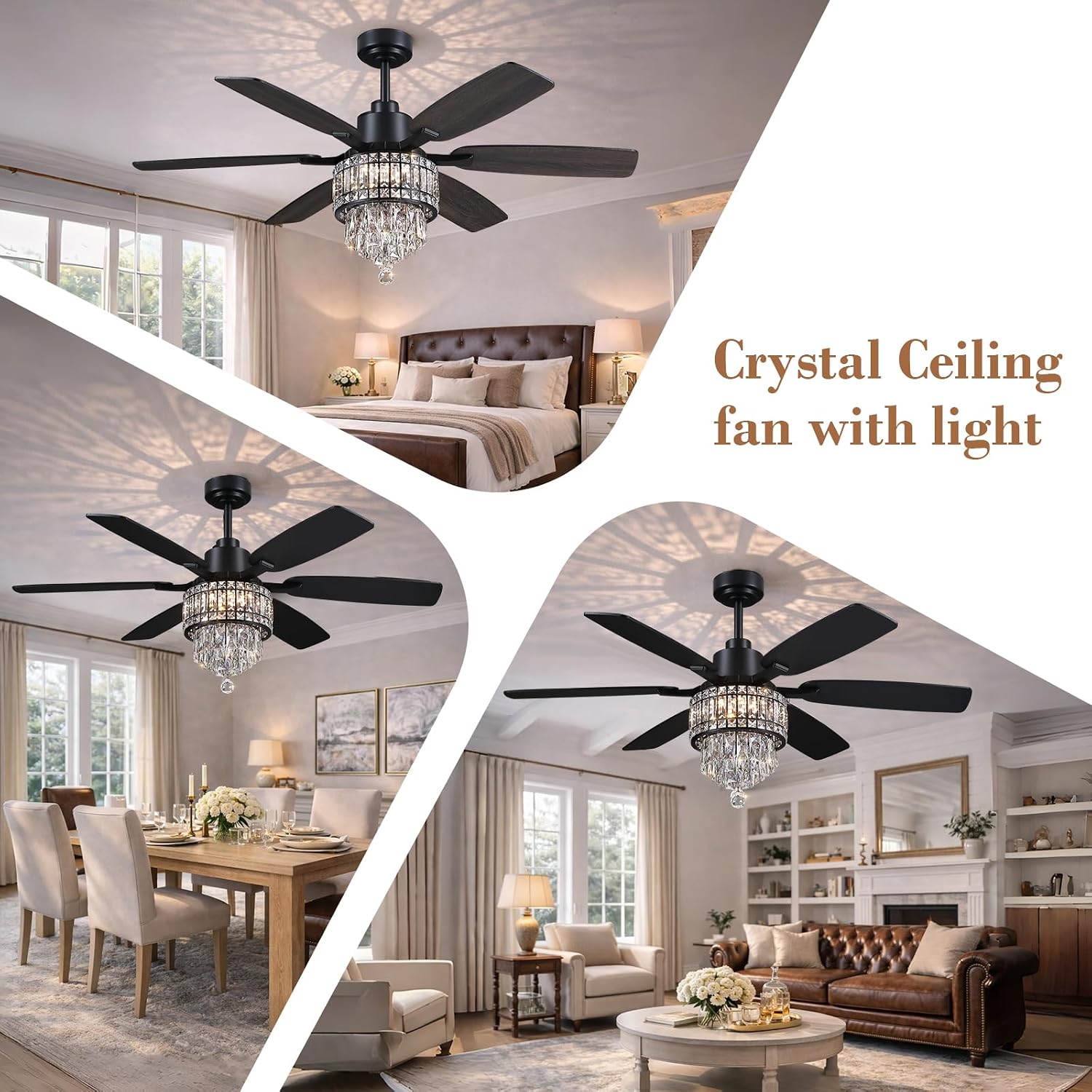Kviflon 52 Inch Crystal Ceiling Fan with Lights, Black Fandelier Ceiling Fan with Light and Remote/APP Control, Modern Chandelier Ceiling Fan for Bedroom Living Room, Quiet DC Motor, Dimmable LED