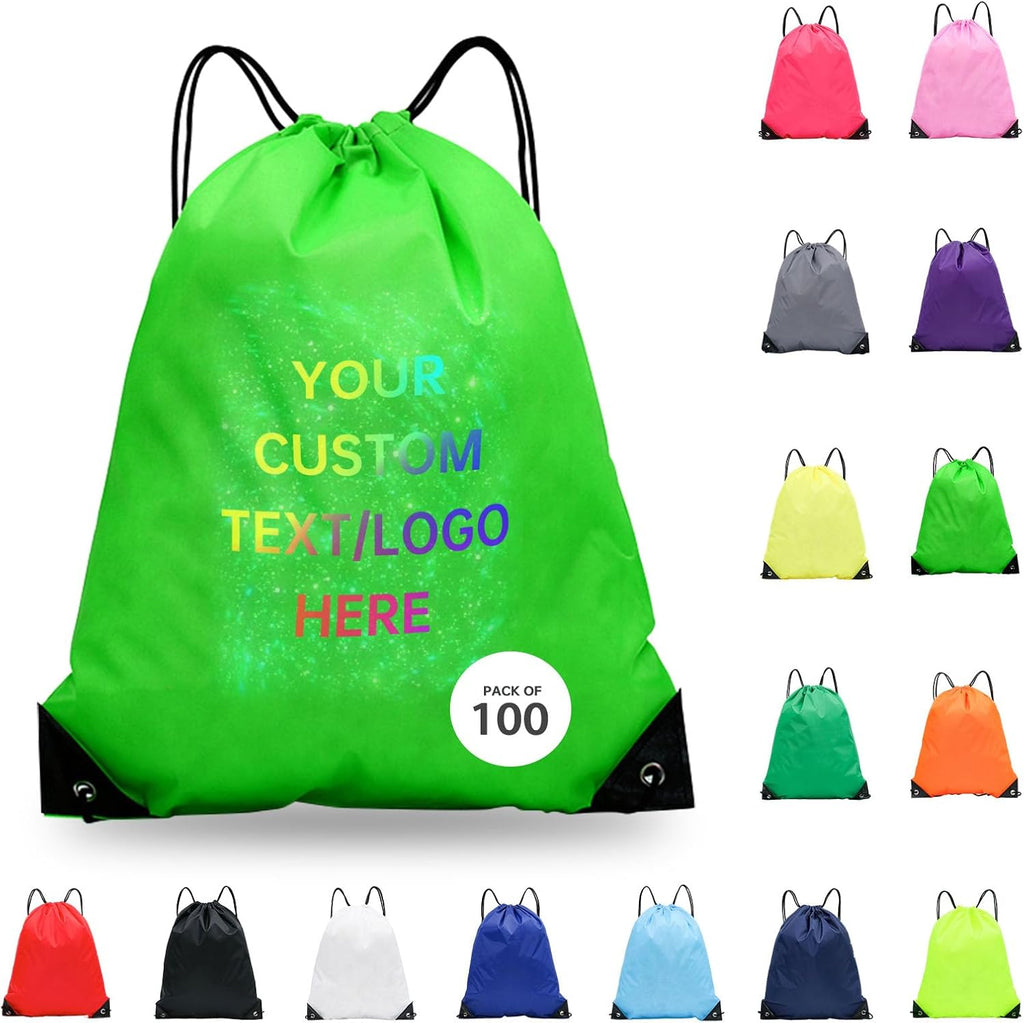JEOHLORY pack of 100 Custom Bags With Your Logo,customized backpack,promotional items,Drawstring Backpacks,Great for Everyday Use (Custom Green)