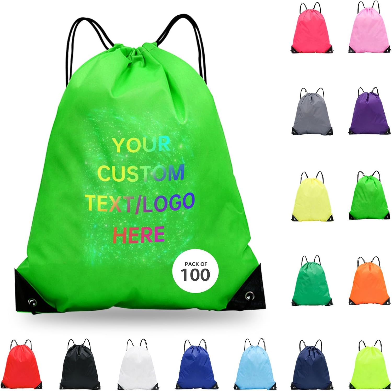 JEOHLORY pack of 100 Custom Bags With Your Logo,customized backpack,promotional items,Drawstring Backpacks,Great for Everyday Use (Custom Green)