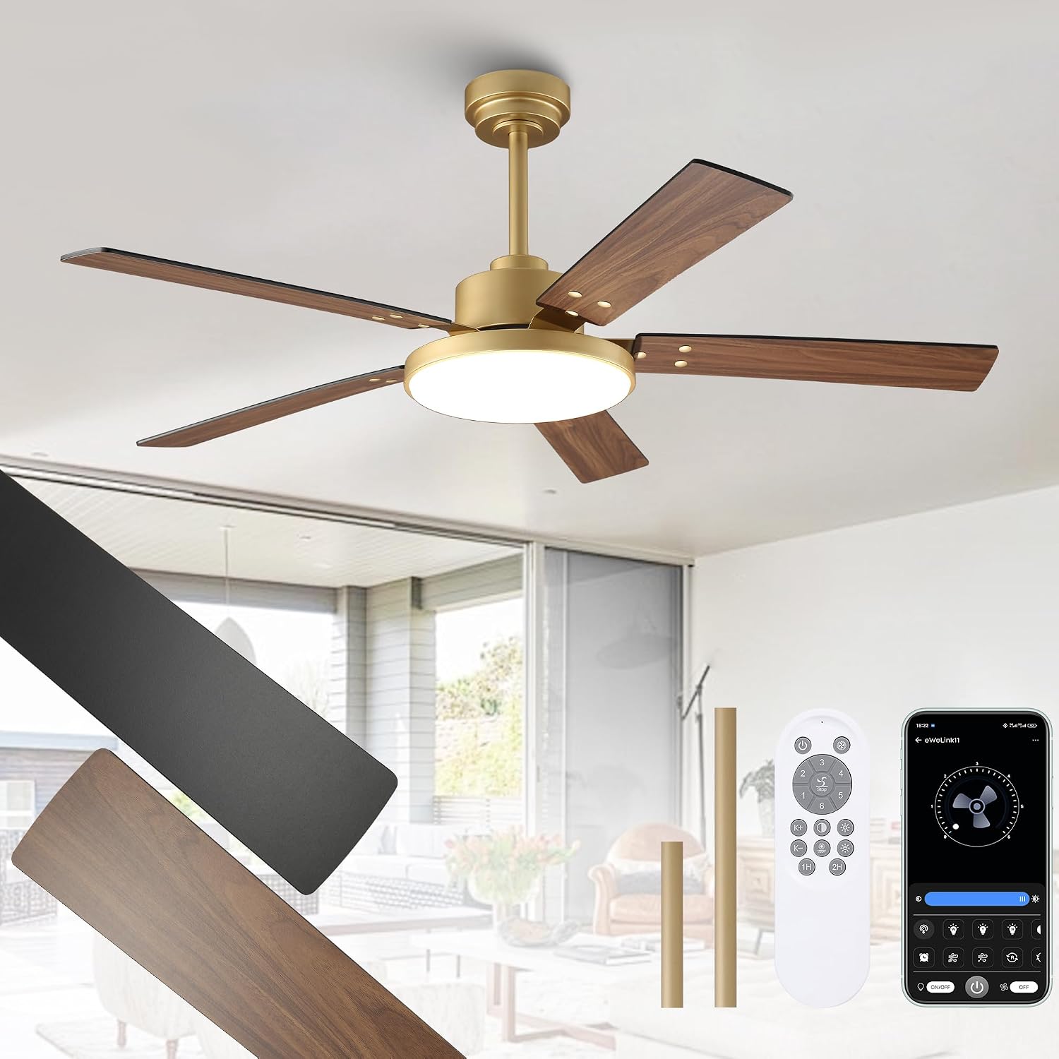 Parrot Uncle 52 Inch Gold Ceiling Fan with LED Light, Ceiling Fan with App and Remote Control, Dimmable 3 CCT, Reversible DC Motor, 5 Blades, Downrod Mount