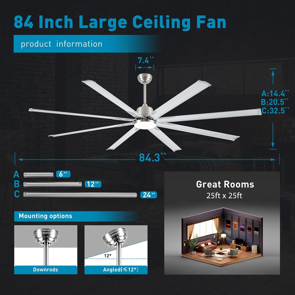 84 lnch lndustrial Celing Fan with Light and Remote Control,Large Celing Fan with 8 Brushed Nickel Aluminum Blades,6 Speed Noiseless DC Motor,Wet Rated Indoor Outdoor Ceiling Fans for Patio,Garage.