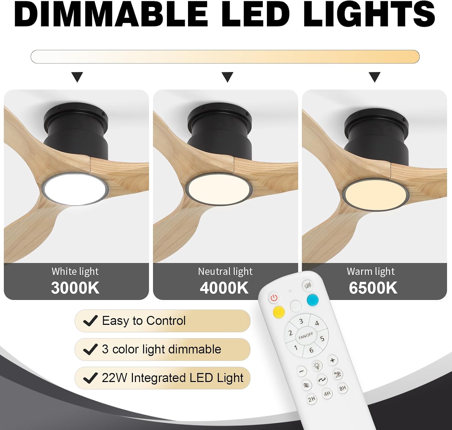Ceiling Fans with Lights Remote 52inch Solid Amber Color Wood Fan Timing 6 Speeds Silent Reversible DC Motor 3CCT LED Light with Memory Lighting Function Indoor Outdoor Fan Farmhouse Bedroom